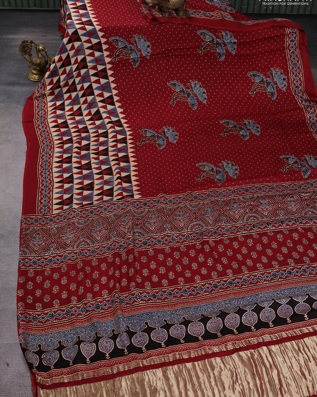 Modal silk Saree maroon with allover ajrakh butta prints and printed border