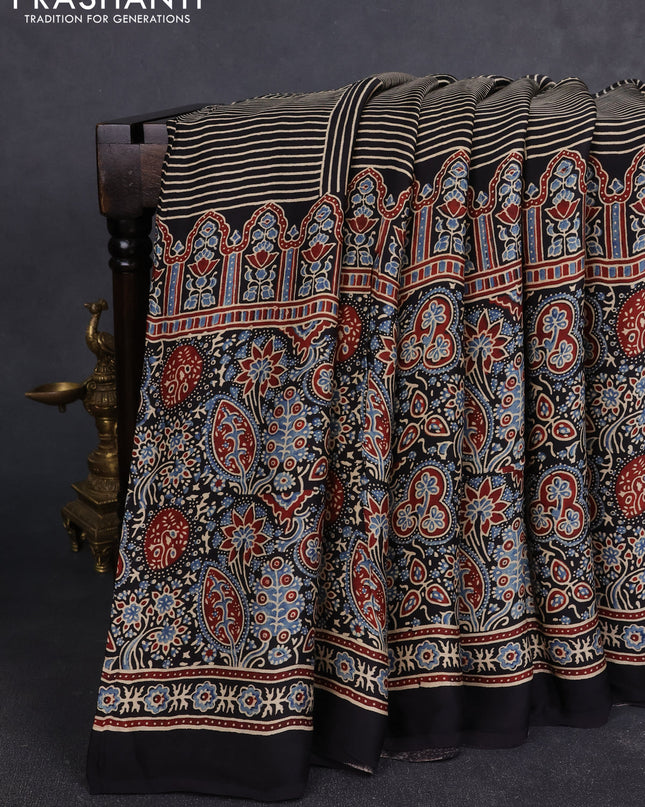 Modal silk Saree black with allover geometric prints and long ajrakh printed border