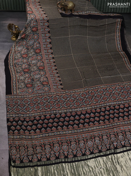 Modal silk Saree black with allover geometric prints and long ajrakh printed border