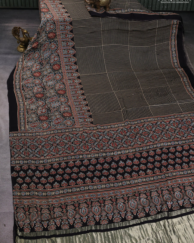 Modal silk Saree black with allover geometric prints and long ajrakh printed border