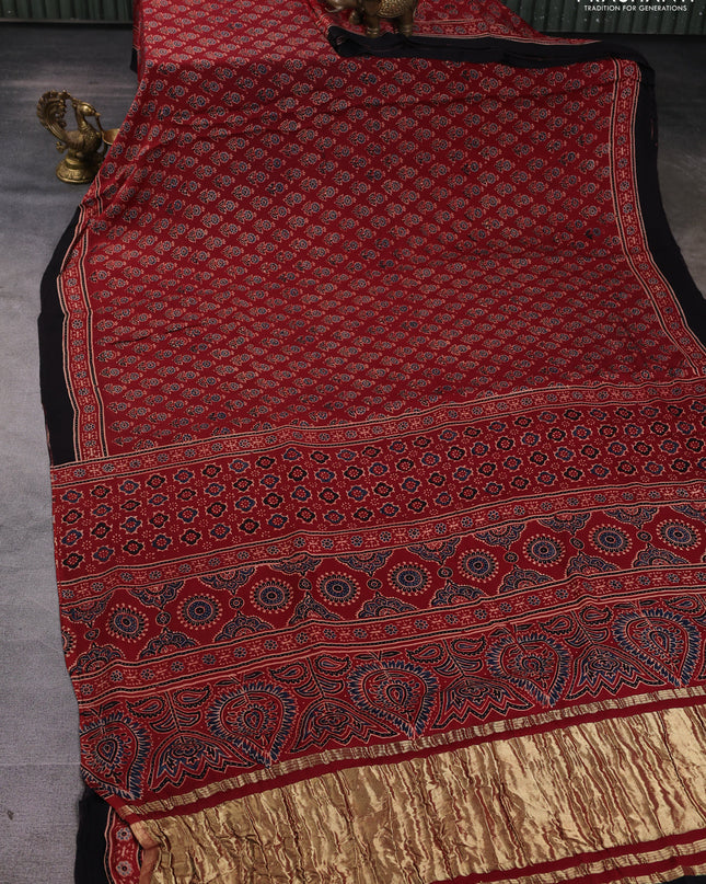 Modal silk Saree maroon and black with allover ajrakh butta prints and printed border