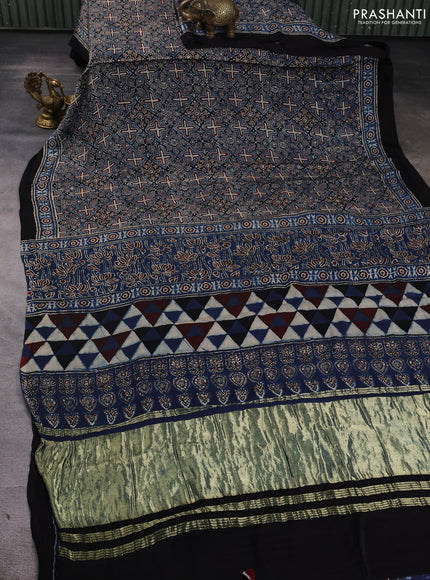 Modal silk Saree black and indigo blue with allover ajrakh prints and printed border