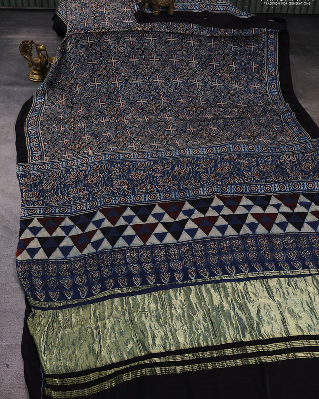 Modal silk Saree black and indigo blue with allover ajrakh prints and printed border