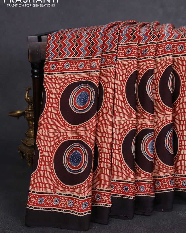 Modal silk Saree maroon and black with allover ajrakh prints and printed border