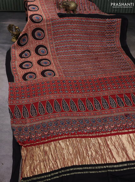 Modal silk Saree maroon and black with allover ajrakh prints and printed border