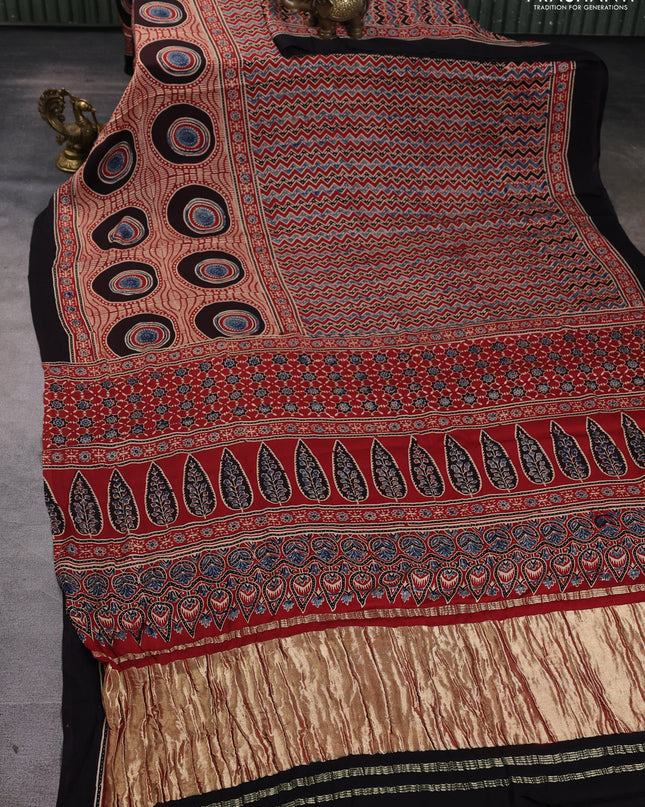 Modal silk Saree maroon and black with allover ajrakh prints and printed border