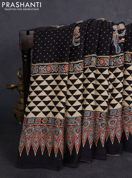 Modal silk Saree beige and black with allover polka dot & ajrakh prints and printed border
