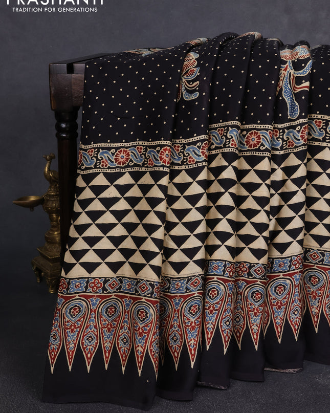 Modal silk Saree beige and black with allover polka dot & ajrakh prints and printed border