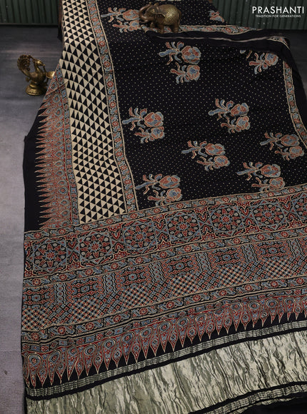 Modal silk Saree beige and black with allover polka dot & ajrakh prints and printed border