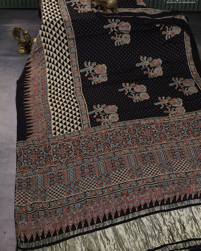Modal silk Saree beige and black with allover polka dot & ajrakh prints and printed border