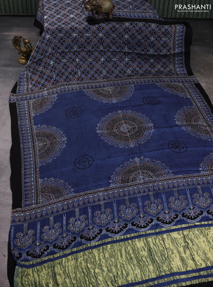 Modal silk Saree indigo blue and black with allover polka dot & ajrakh prints and printed border
