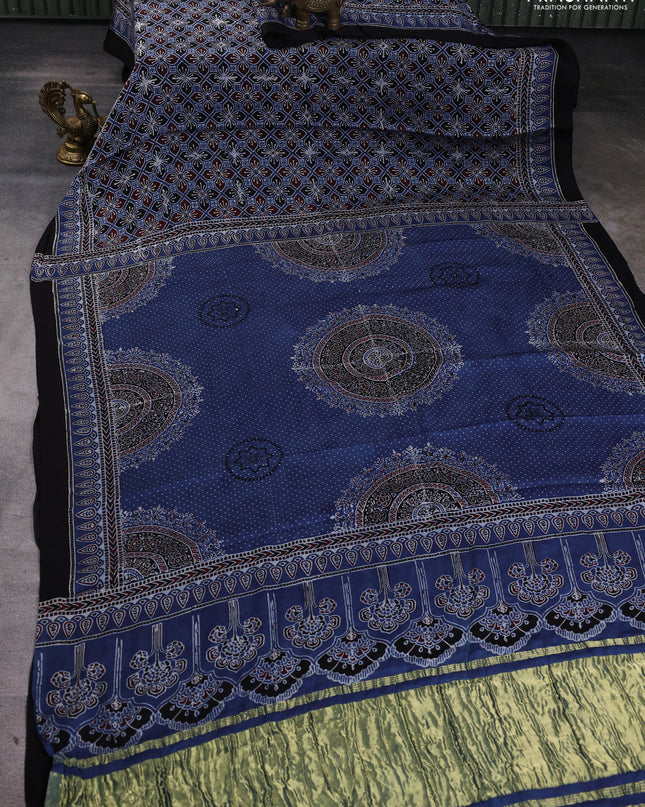 Modal silk Saree indigo blue and black with allover polka dot & ajrakh prints and printed border