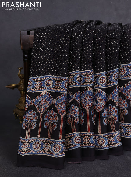 Modal silk Saree black with allover polka dot prints and ajrakh printed border