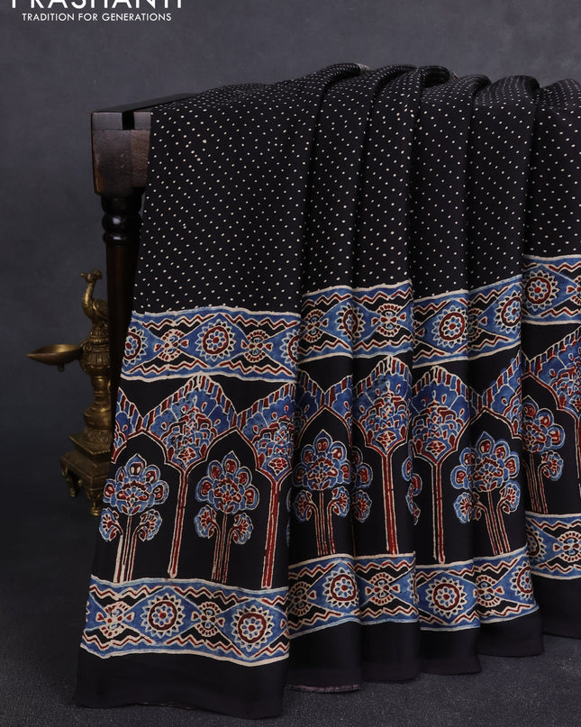 Modal silk Saree black with allover polka dot prints and ajrakh printed border