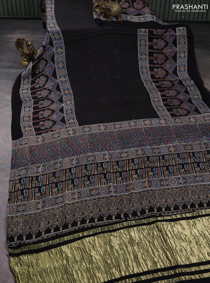 Modal silk Saree black with allover polka dot prints and ajrakh printed border