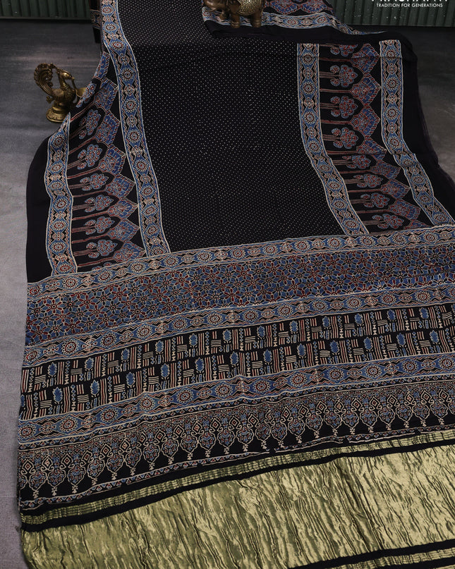 Modal silk Saree black with allover polka dot prints and ajrakh printed border