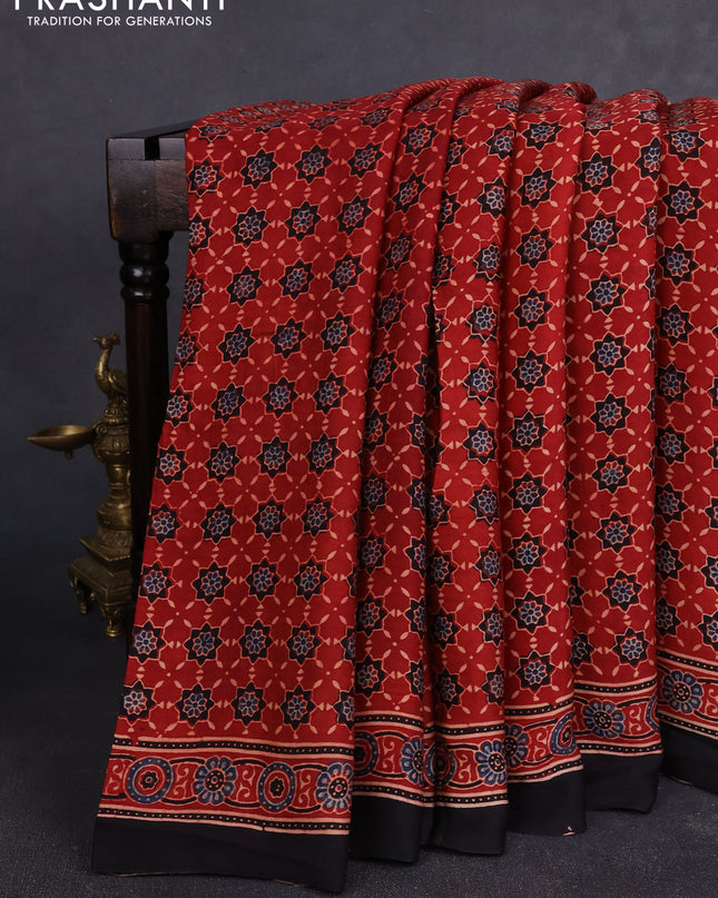 Modal silk Saree maroon and black with allover ajrakh prints and printed border