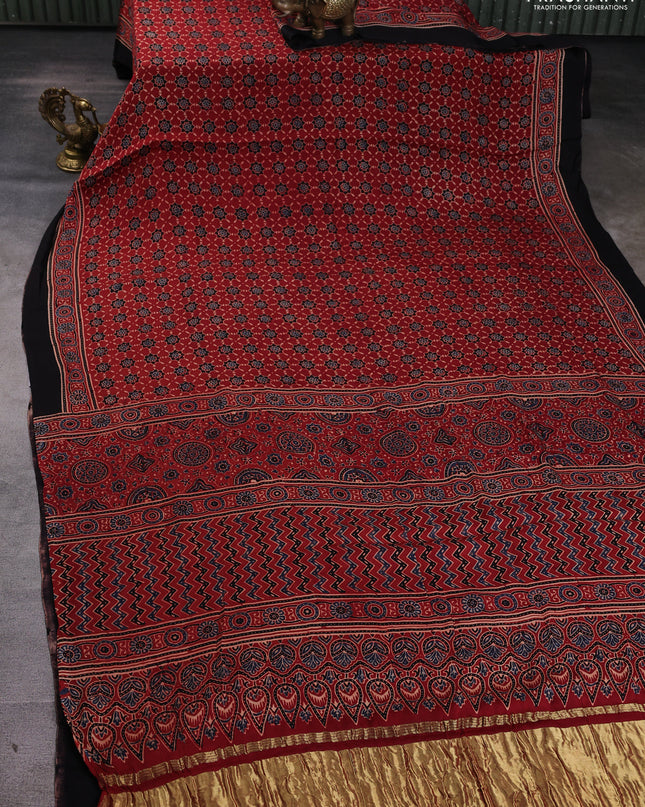 Modal silk Saree maroon and black with allover ajrakh prints and printed border