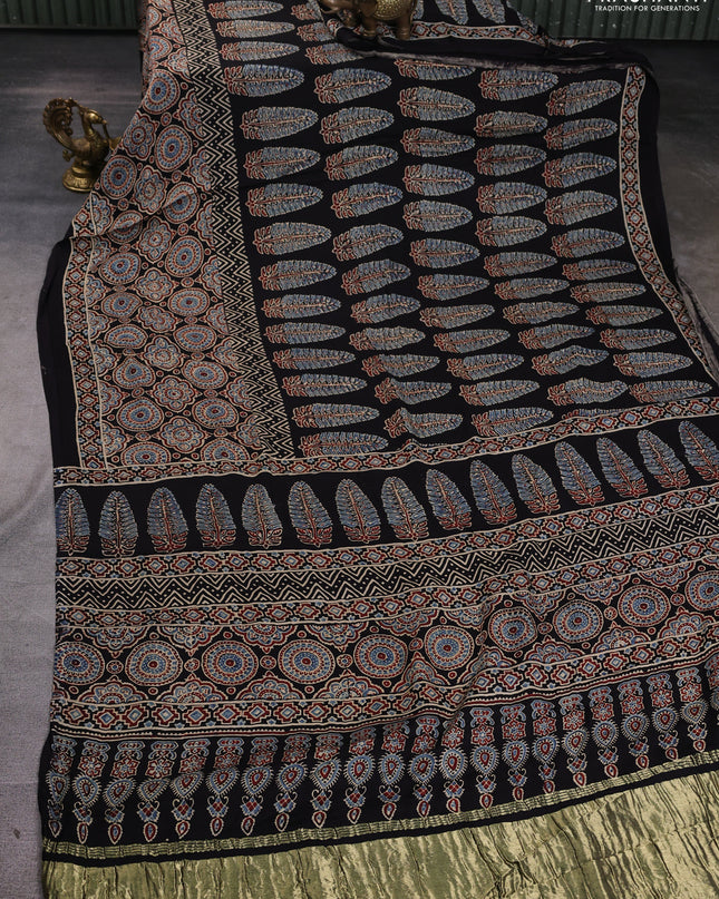 Modal silk Saree black with allover ajrakh prints and printed border