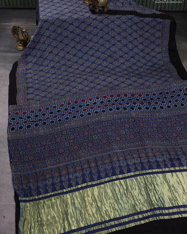 Modal silk Saree indigo blue and black with allover ajrakh butta prints and printed border