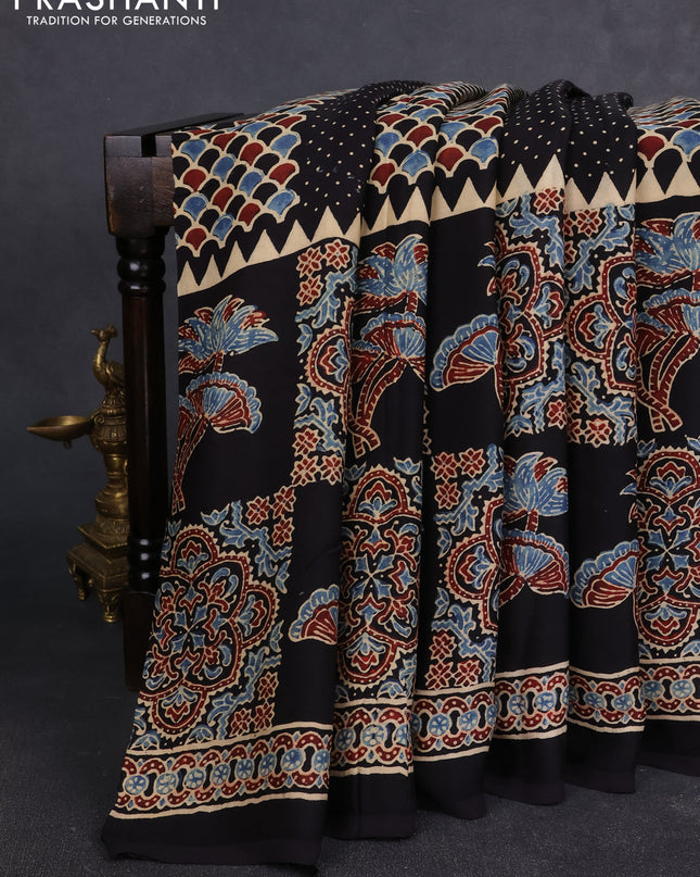 Modal silk Saree black with allover ajrakh prints and printed border