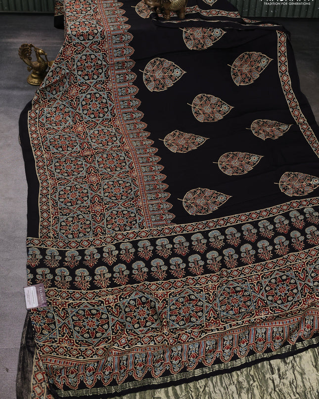 Modal silk Saree black with allover ajrakh prints and printed border