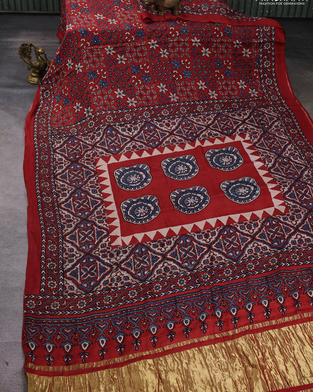 Modal silk Saree maroon with allover ajrakh prints and printed border