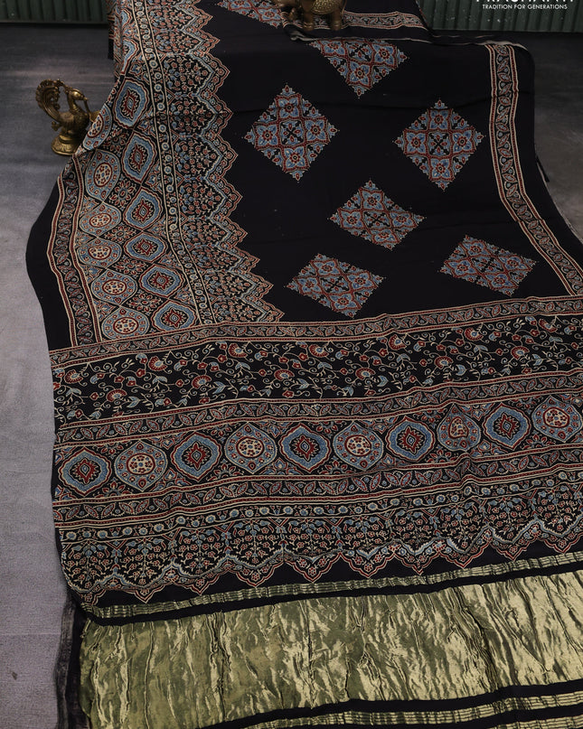 Modal silk Saree black blue with allover ajrakh prints and printed border