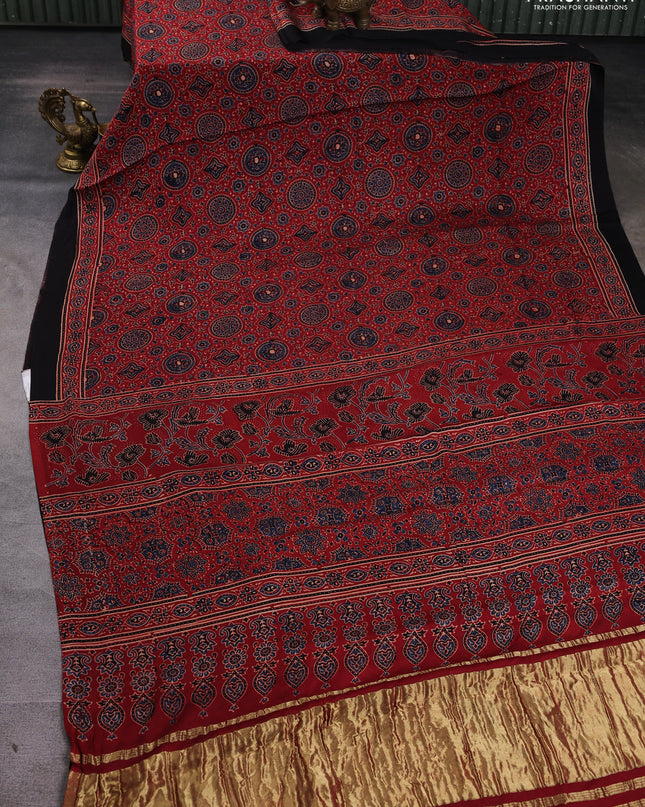 Modal silk Saree maroon and black with allover ajrakh prints and printed border