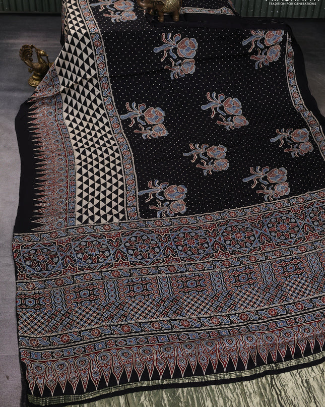 Modal silk Saree black and maroon with allover prints and ajrakh printed border