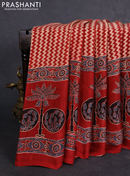 Modal silk Saree beige and maroon with allover zig zag prints and ajrakh printed border