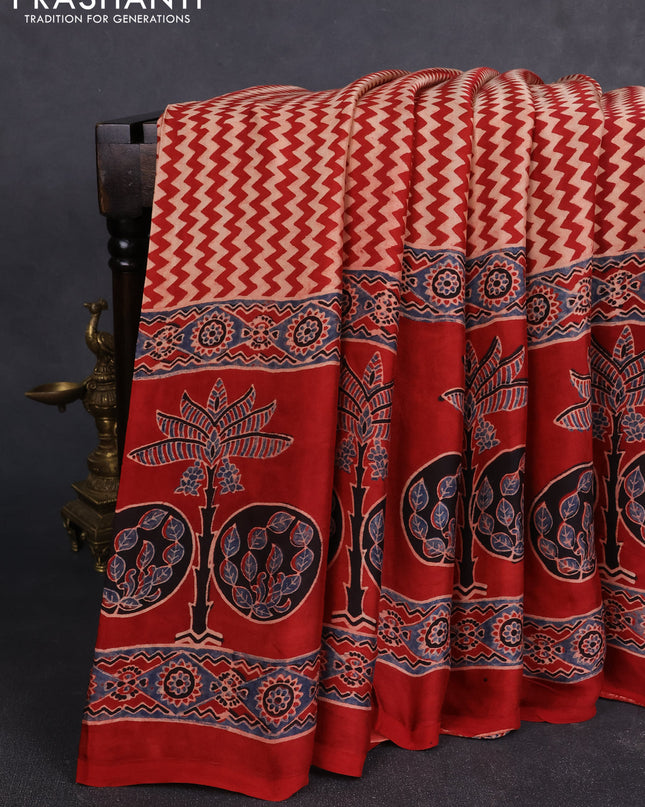 Modal silk Saree beige and maroon with allover zig zag prints and ajrakh printed border