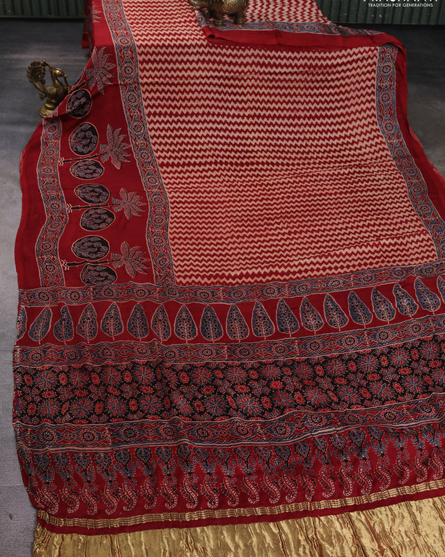 Modal silk Saree beige and maroon with allover zig zag prints and ajrakh printed border