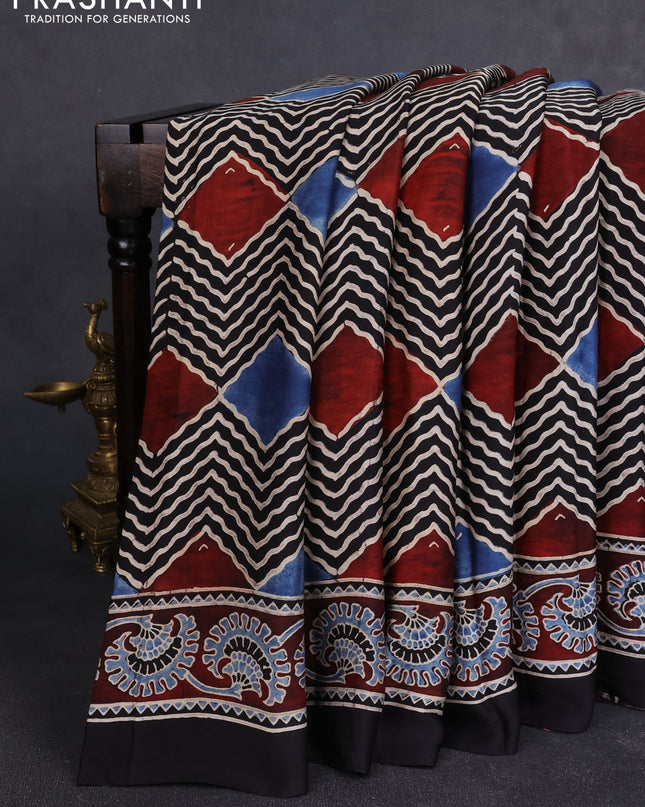 Modal silk Saree black and maroon with allover zig zag prints and ajrakh printed border