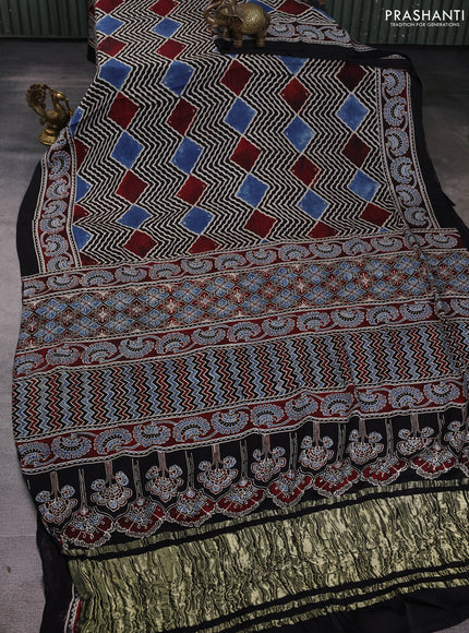 Modal silk Saree black and maroon with allover zig zag prints and ajrakh printed border