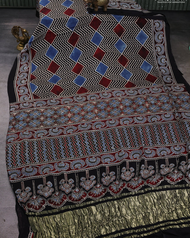 Modal silk Saree black and maroon with allover zig zag prints and ajrakh printed border