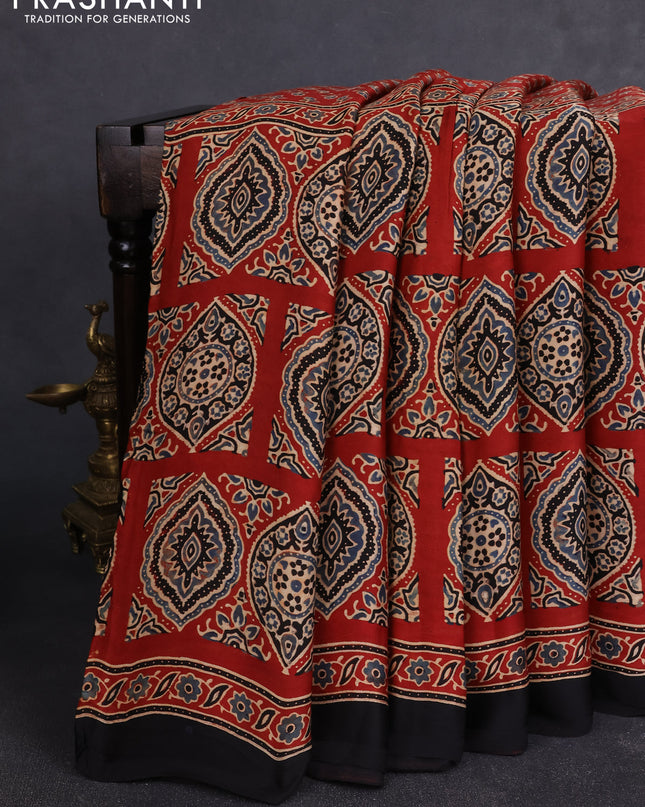 Modal silk Saree maroon and black with allover ajrakh prints and printed border