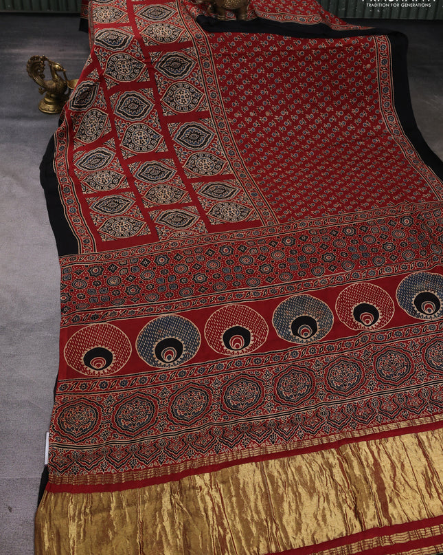 Modal silk Saree maroon and black with allover ajrakh prints and printed border