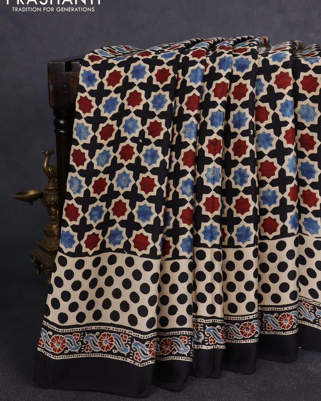 Modal silk Saree cream and black with allover ajrakh prints and printed border