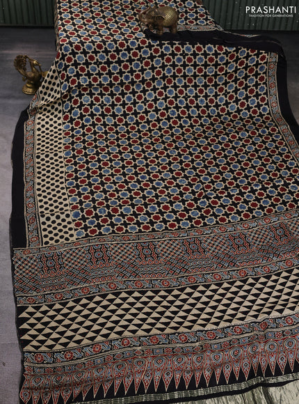 Modal silk Saree cream and black with allover ajrakh prints and printed border