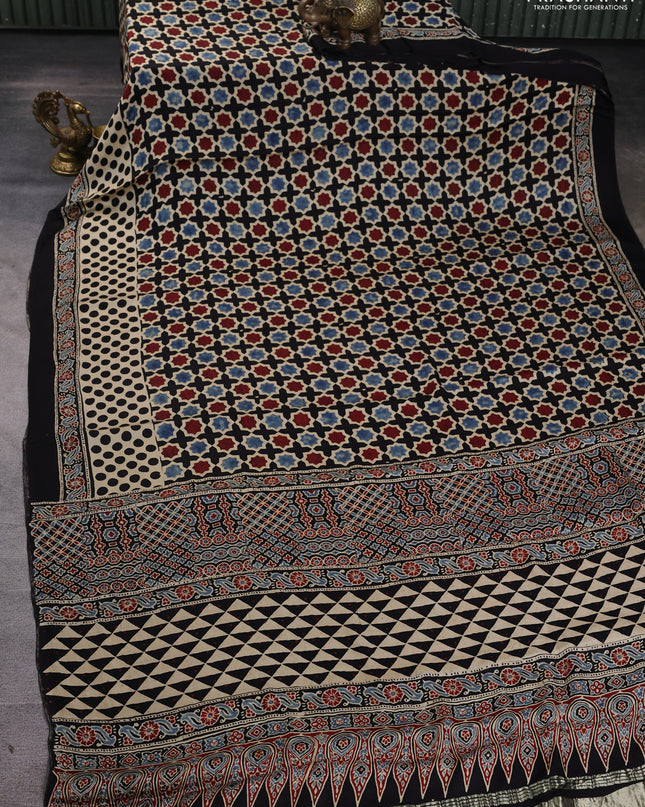 Modal silk Saree cream and black with allover ajrakh prints and printed border