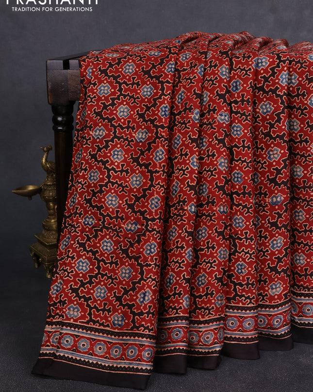 Modal silk Saree maroon and deep coffee brown with allover ajrakh prints and printed border