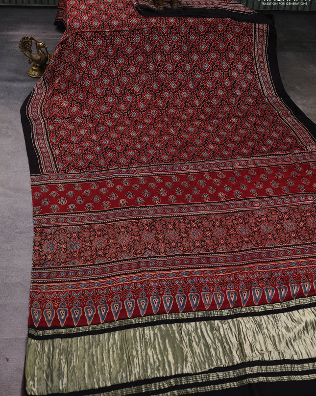 Modal silk Saree maroon and deep coffee brown with allover ajrakh prints and printed border