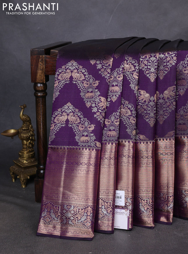 Pure kanchipuram silk saree violet with allover zari woven brocade weaves and long zari woven border