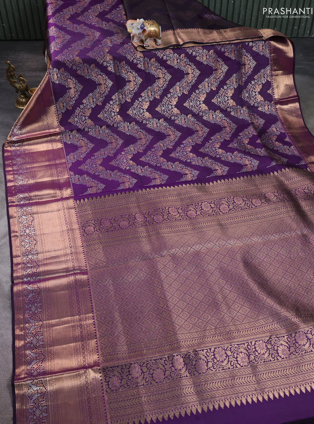 Pure kanchipuram silk saree violet with allover zari woven brocade weaves and long zari woven border