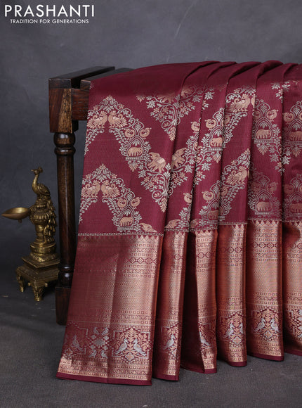 Pure kanchipuram silk saree maroon with allover zari woven brocade weaves and long zari woven border