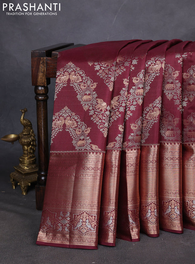 Pure kanchipuram silk saree maroon with allover zari woven brocade weaves and long zari woven border
