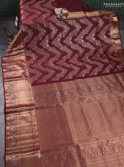 Pure kanchipuram silk saree maroon with allover zari woven brocade weaves and long zari woven border
