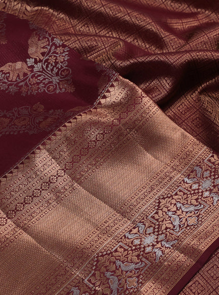 Pure kanchipuram silk saree maroon with allover zari woven brocade weaves and long zari woven border