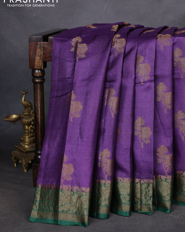 Banarasi tussar silk saree violet and green with thread & zari woven buttas and woven border
